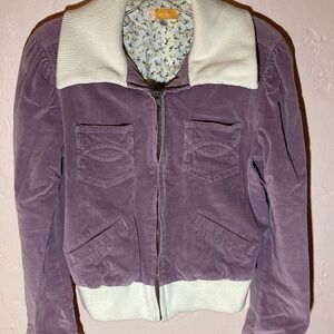 Tulle Purple Velvet Bomber Jacket with Cream Collar and Soft Fabric